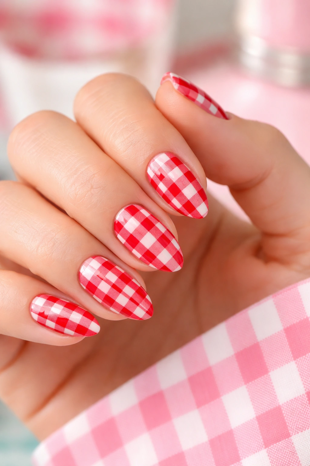 Close-up of short almond nails with red checkered pattern in white and pink