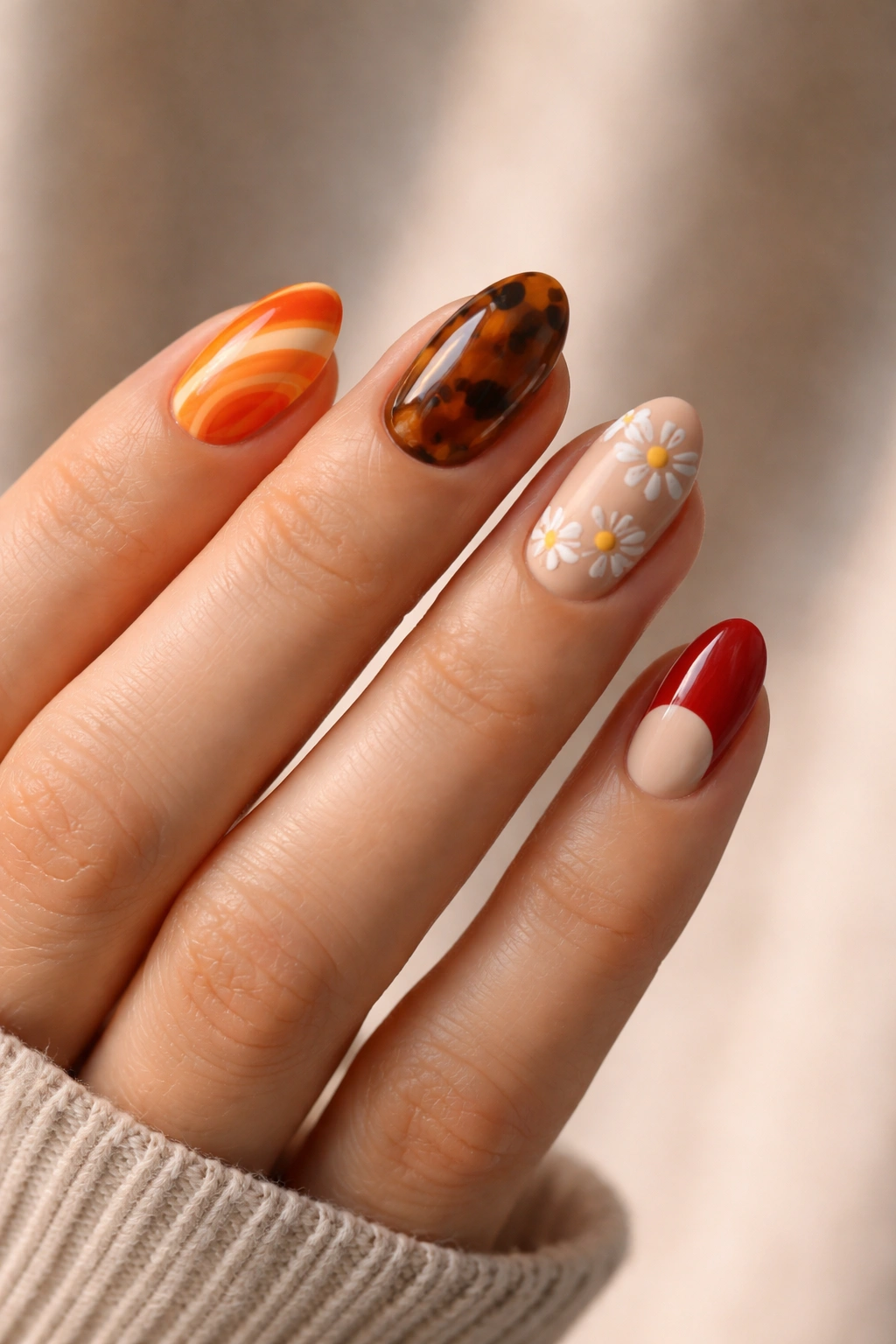 Hand showing multiple retro-style short almond nails with varied looks