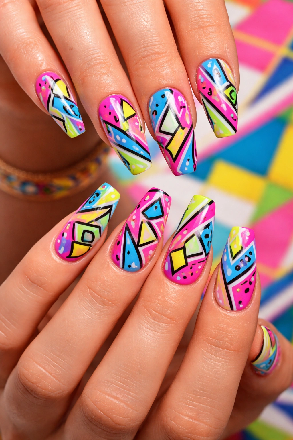 Nails with 80s neon geometric patterns on two hands