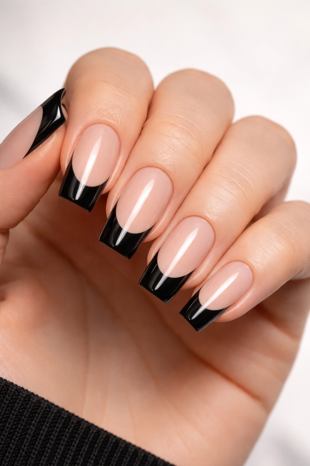 Close-up of reverse black French tips manicure with nude base and black tips
