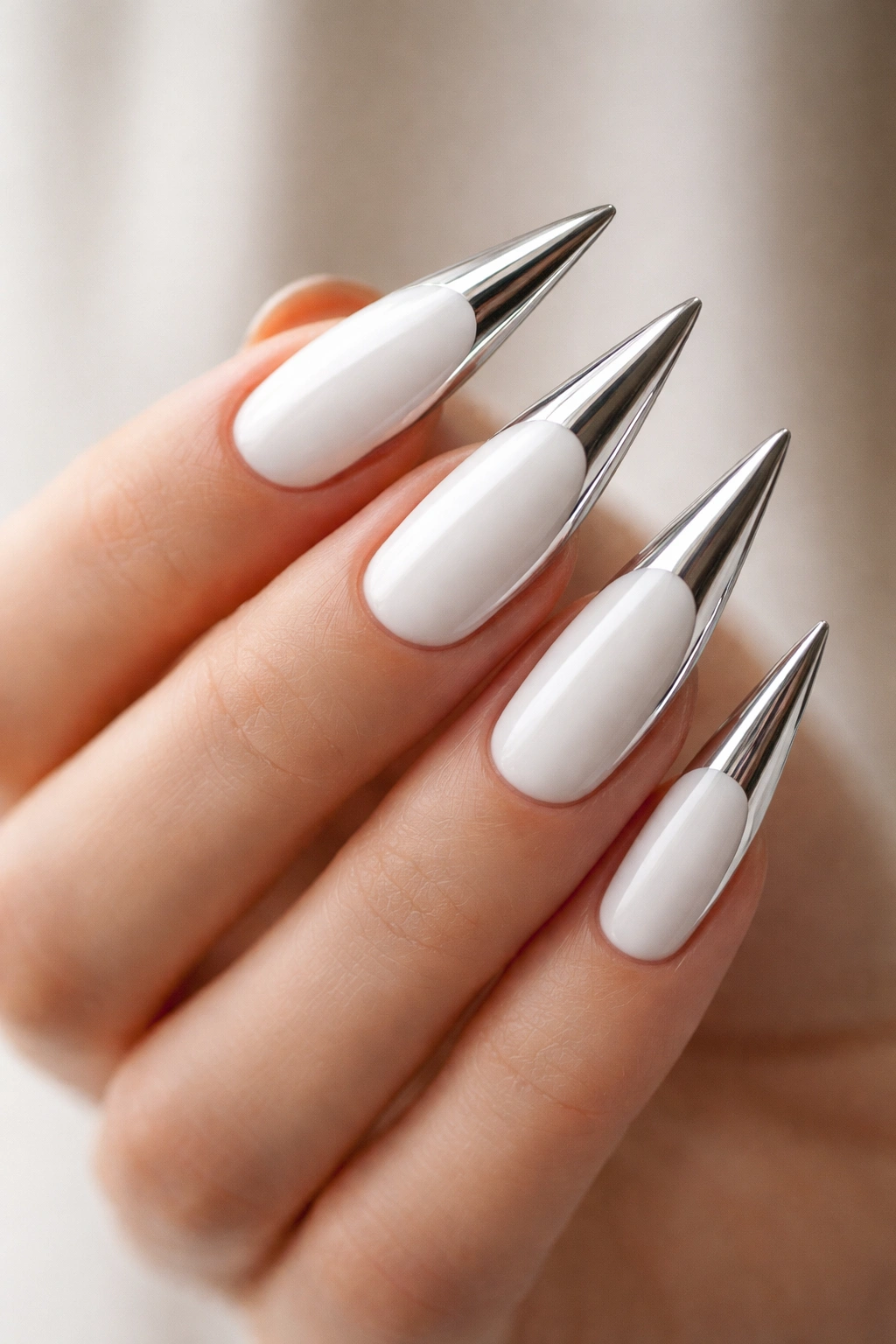 Nails with white base and chrome tips in reverse French style