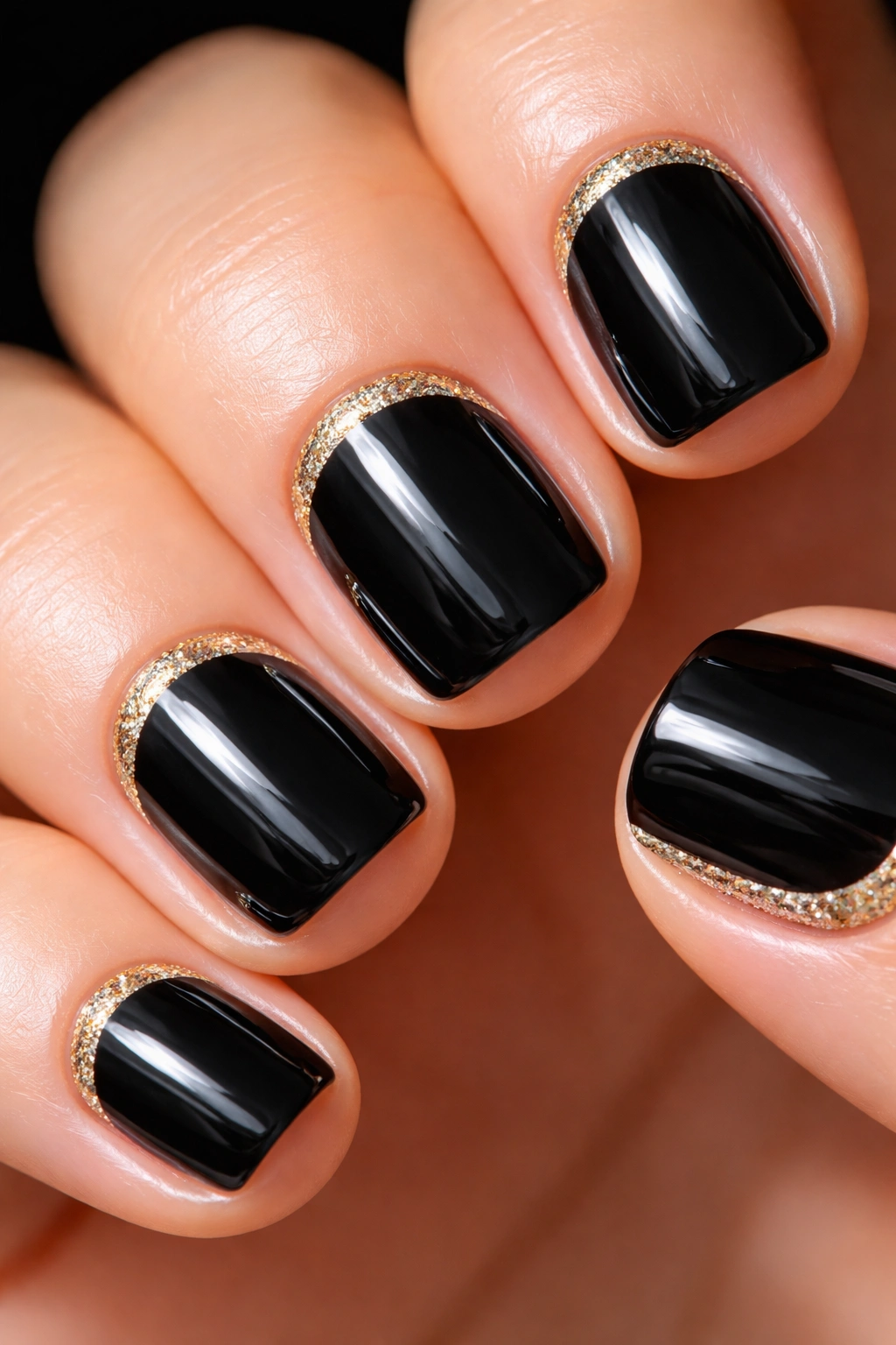 Close-up of short nails with metallic cuff at the cuticle on a dark base