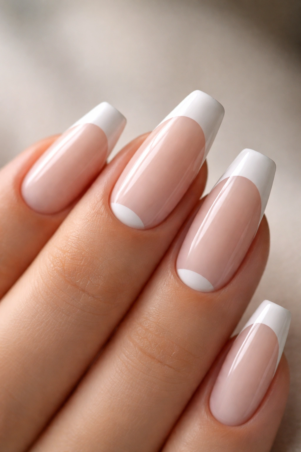 Close-up of reverse French half-moon at cuticle on ballerina nail