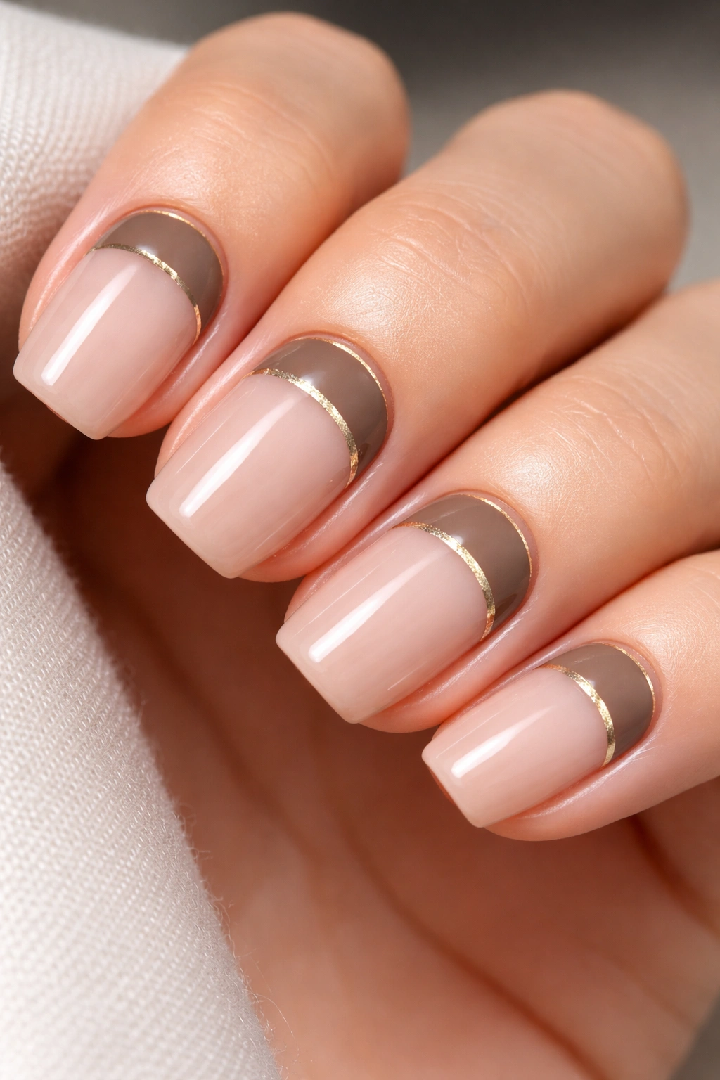 Close-up of short squoval nails with base color at the cuticle and a thin metallic line.