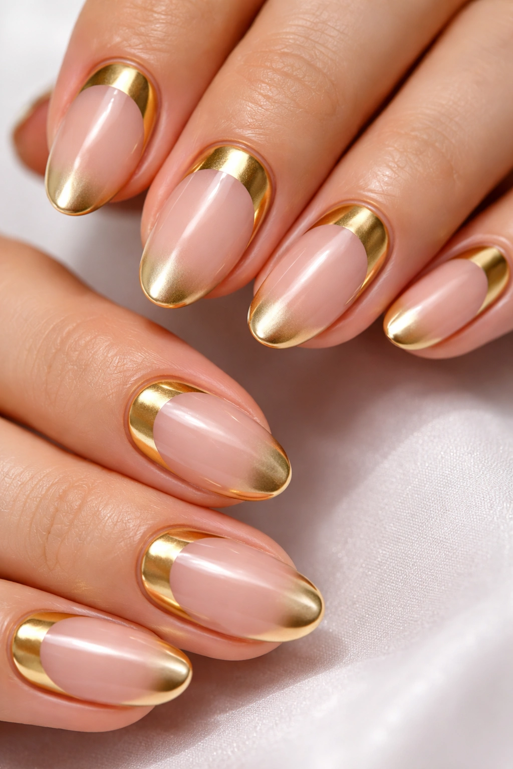 Close-up of reverse gold French nails with a gold crescent at the cuticle
