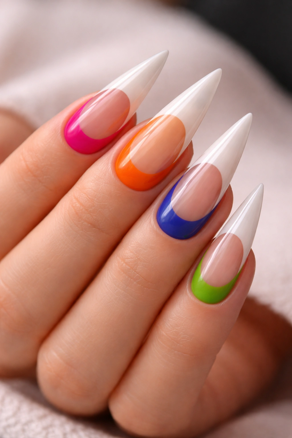 Close-up of reverse French tips on stiletto nails with bold bed color