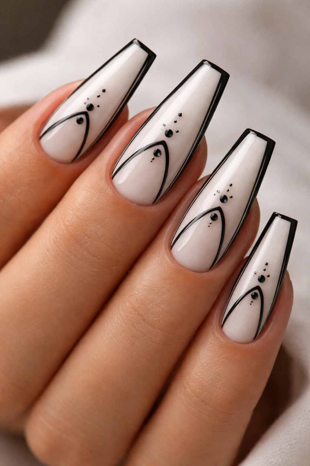 Close-up of coffin nails with reverse French accent pattern in black and white.