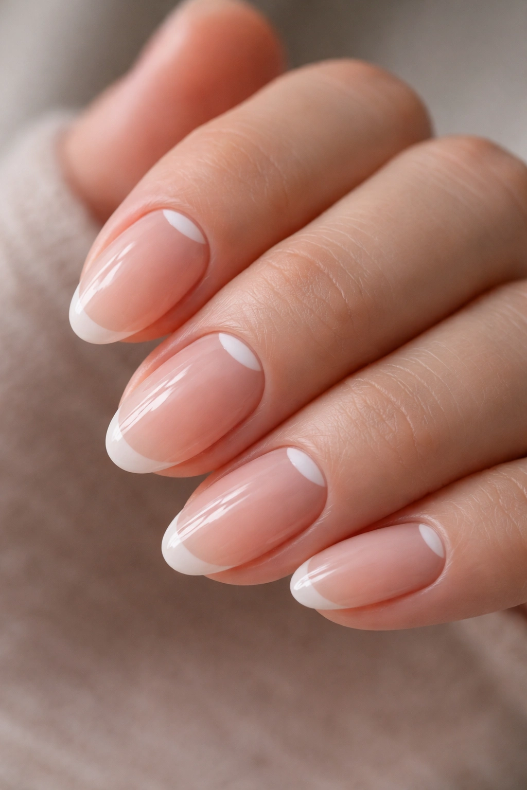 Close-up of short almond nails with a small white crescent at the cuticle.