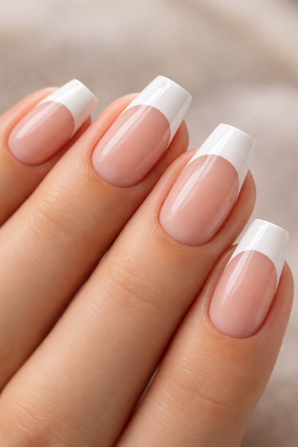 Nude nails with white crescent at the cuticle on ballerina shape