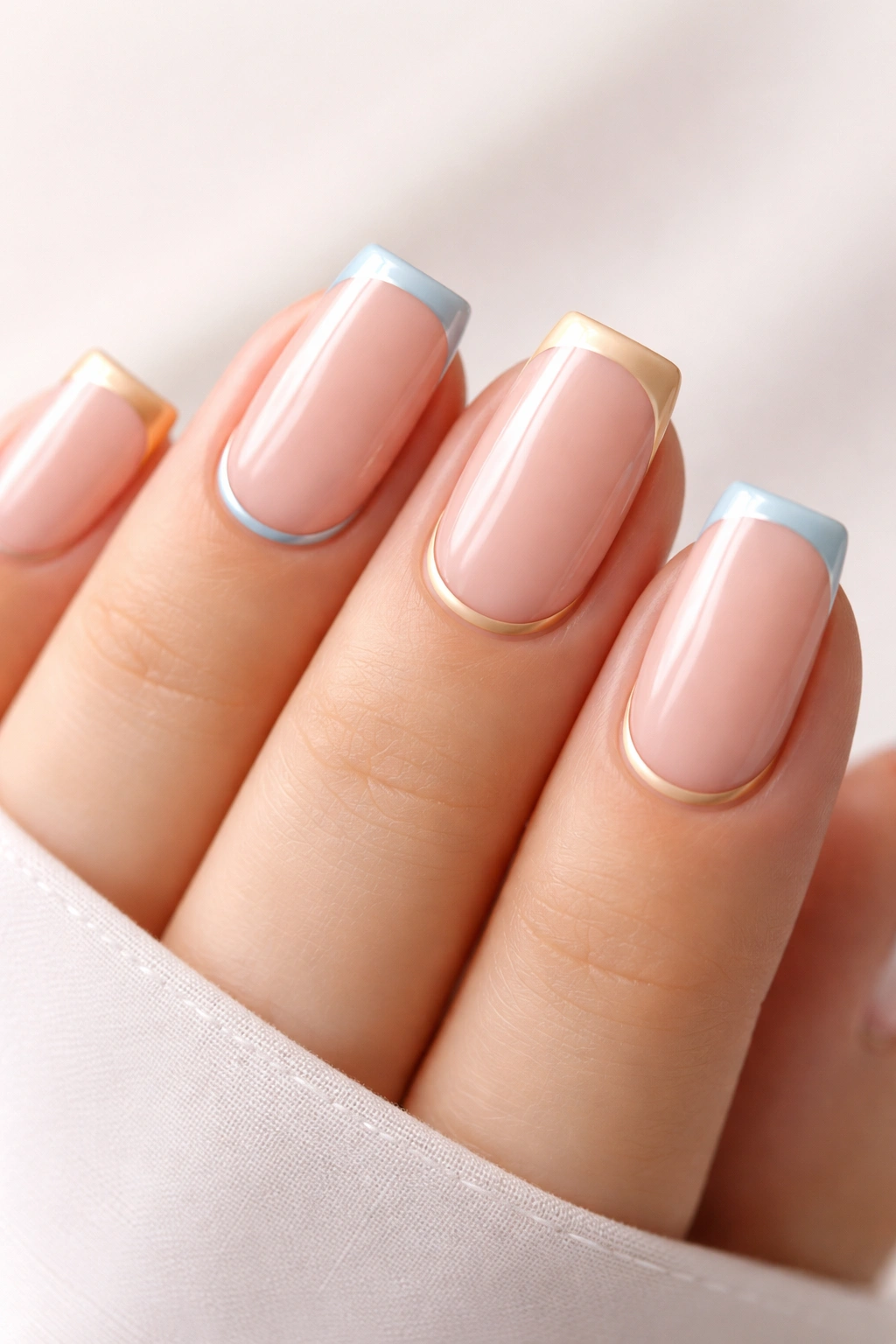 Close-up of soft square nails with a thin color line at the cuticle.