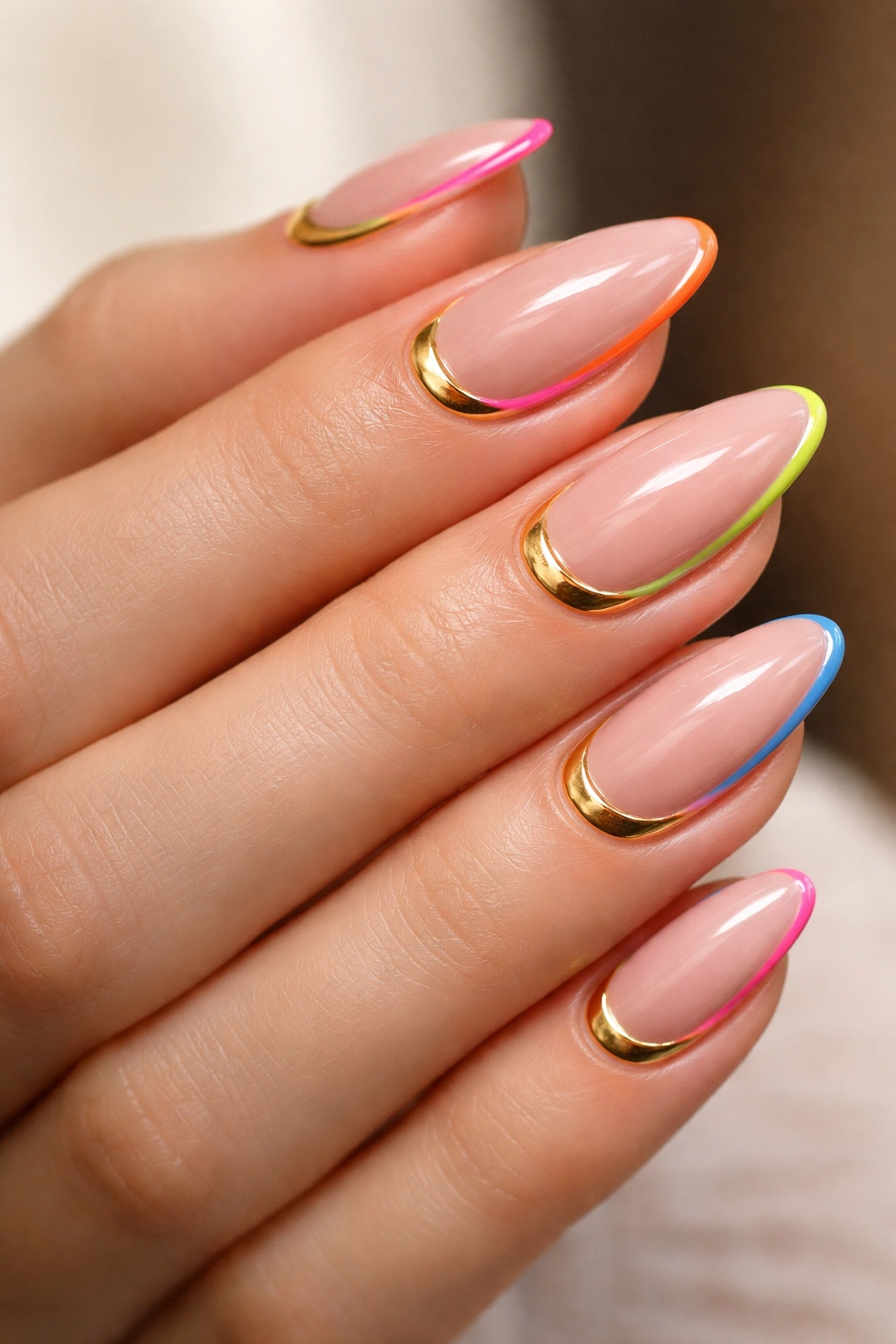 Close-up of nails showing reverse French manicure with a gold cuticle accent