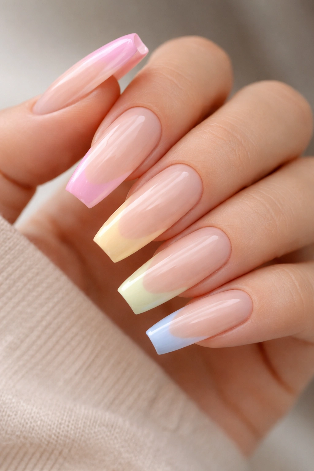 Pale base curved coffin nails with gradient colored tips