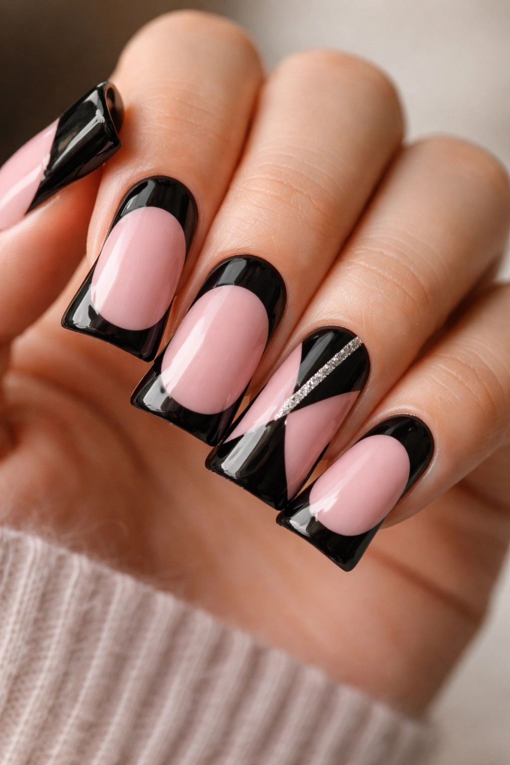 Pink duck nails with a black base frame and accent nail pattern