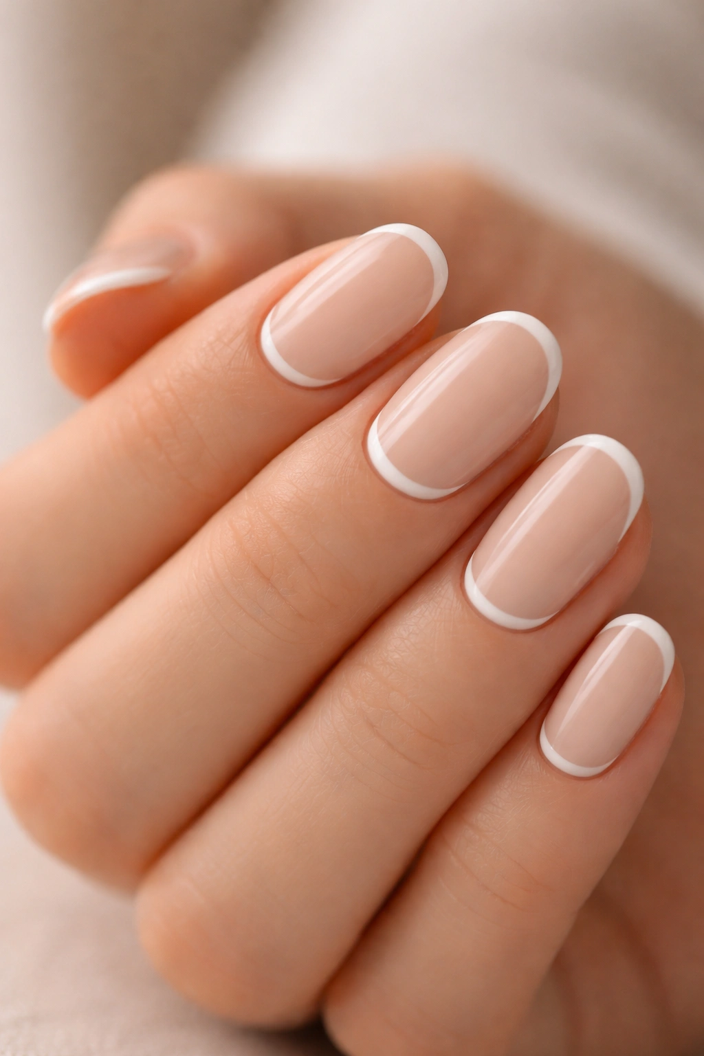 Close-up of short oval nails with nude base and ivory reverse French crescent at the cuticle