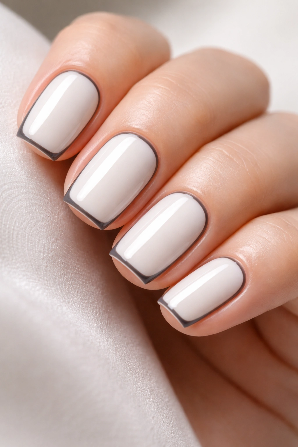 Close-up of short squoval nails with a white/cream base and a thin dark outline around the edges.