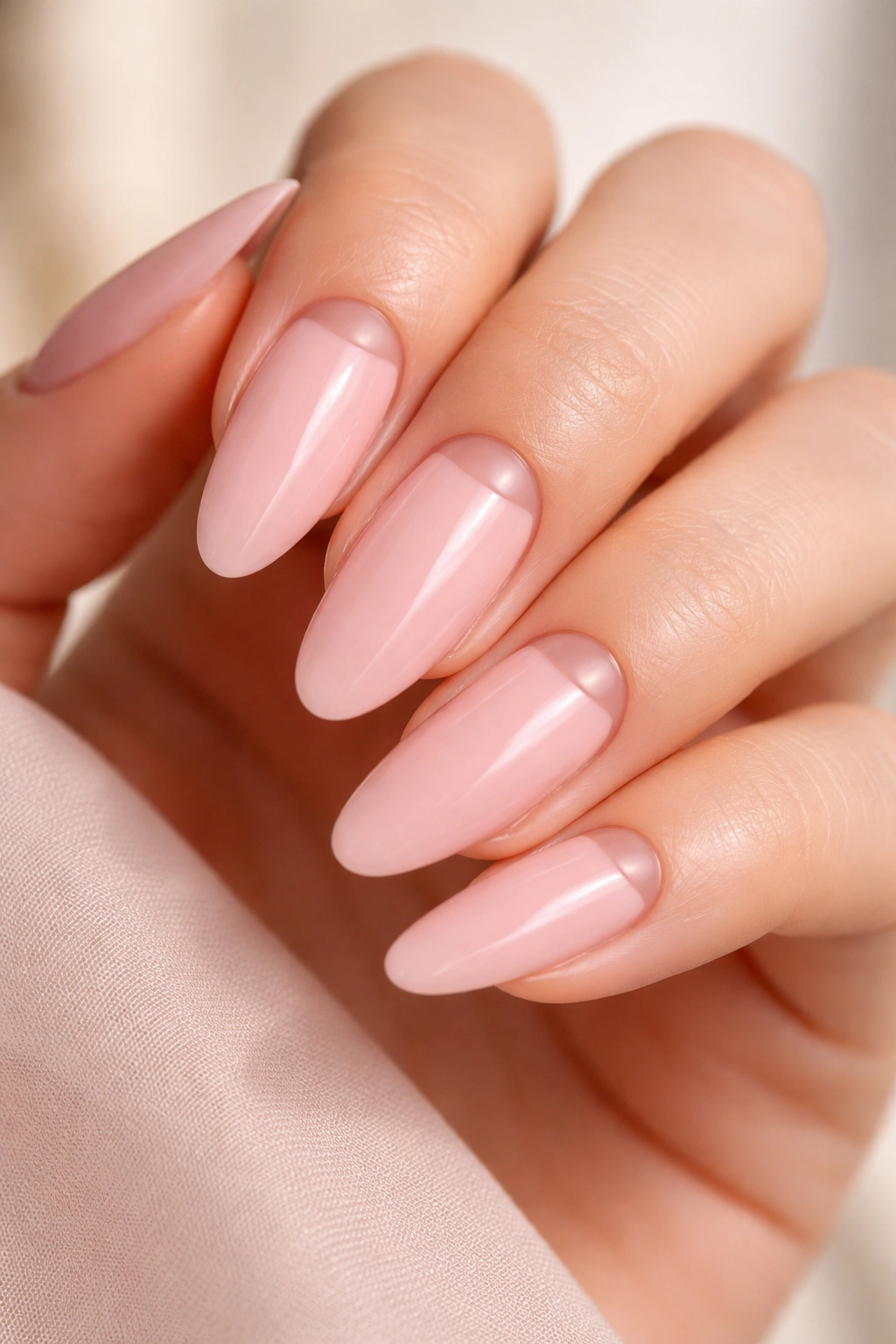 Nails with blush pink base and soft blush nude reverse French half-moon near cuticle