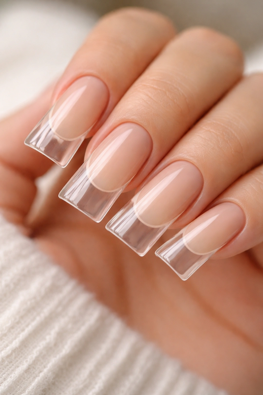 Clear duck nails with nude reverse French at base and sides