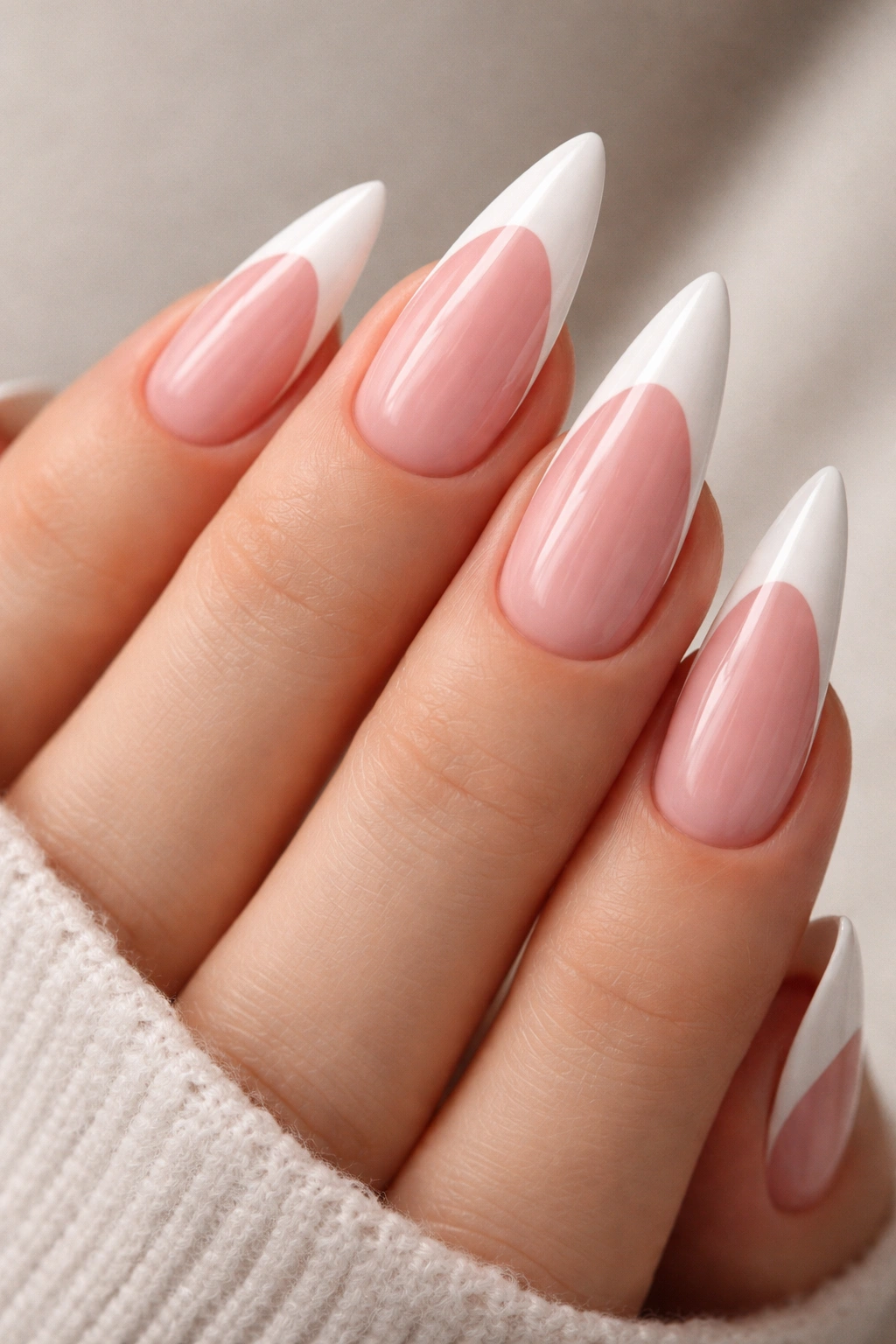 Close-up of stiletto nails with pink base at cuticle and white body