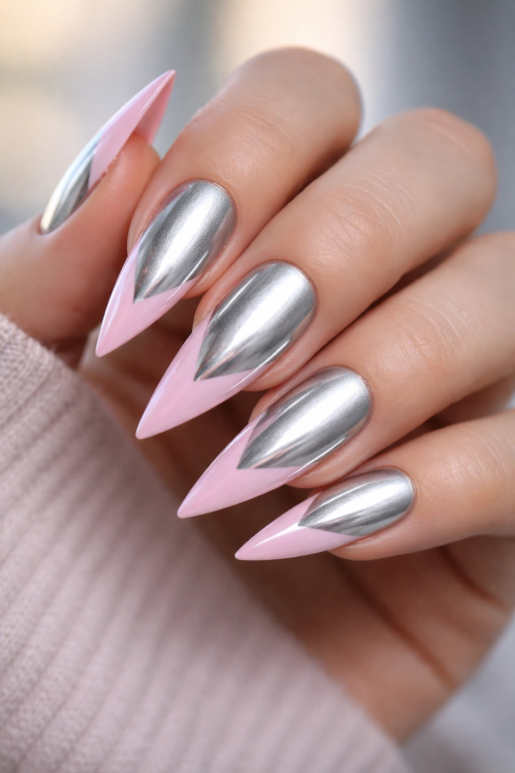 Reverse French nails with silver base and pink tips on stiletto nails