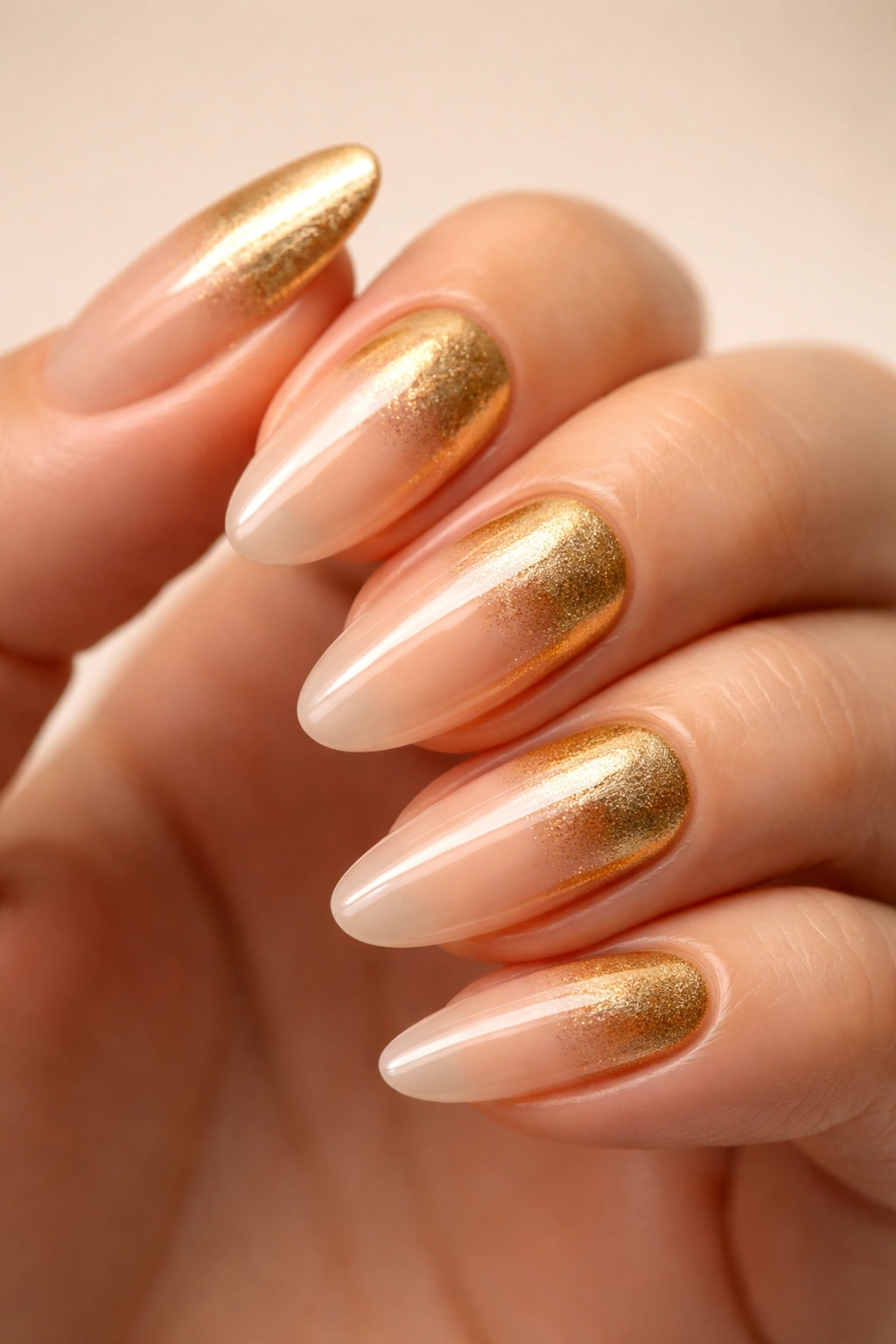 Close-up of nails featuring a reverse gold French fade, gold at cuticles fading to nude tips