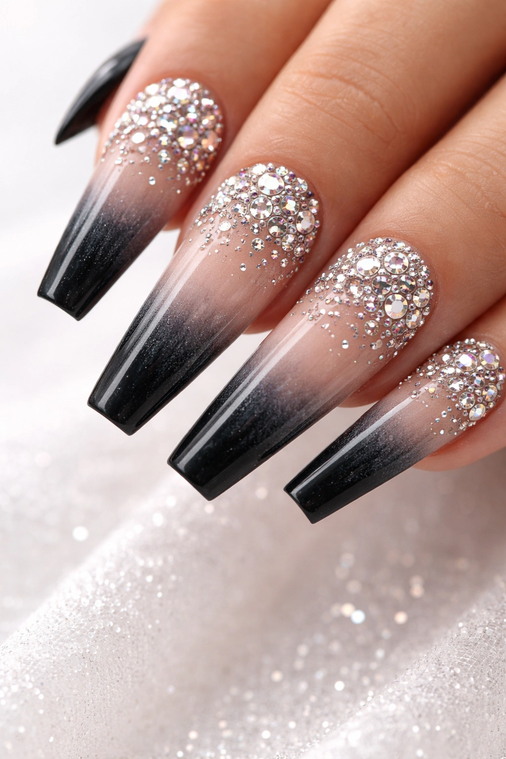 Coffin nail with reverse gradient and rhinestones concentrated at the base