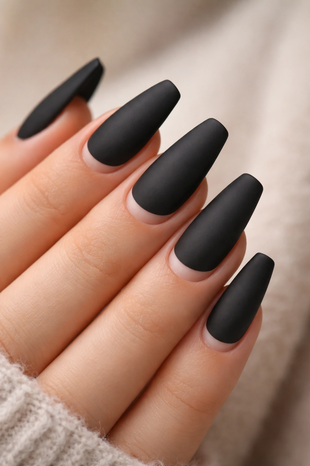 Matte black nails with a small reverse half-moon at the cuticle.