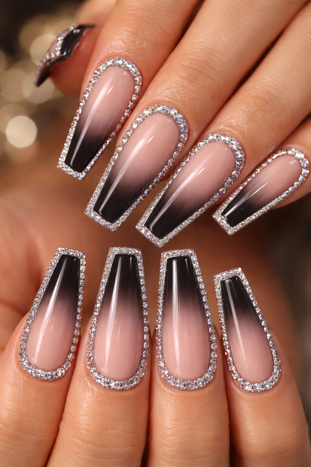 Coffin nails with reverse ombré and rhinestone border accents