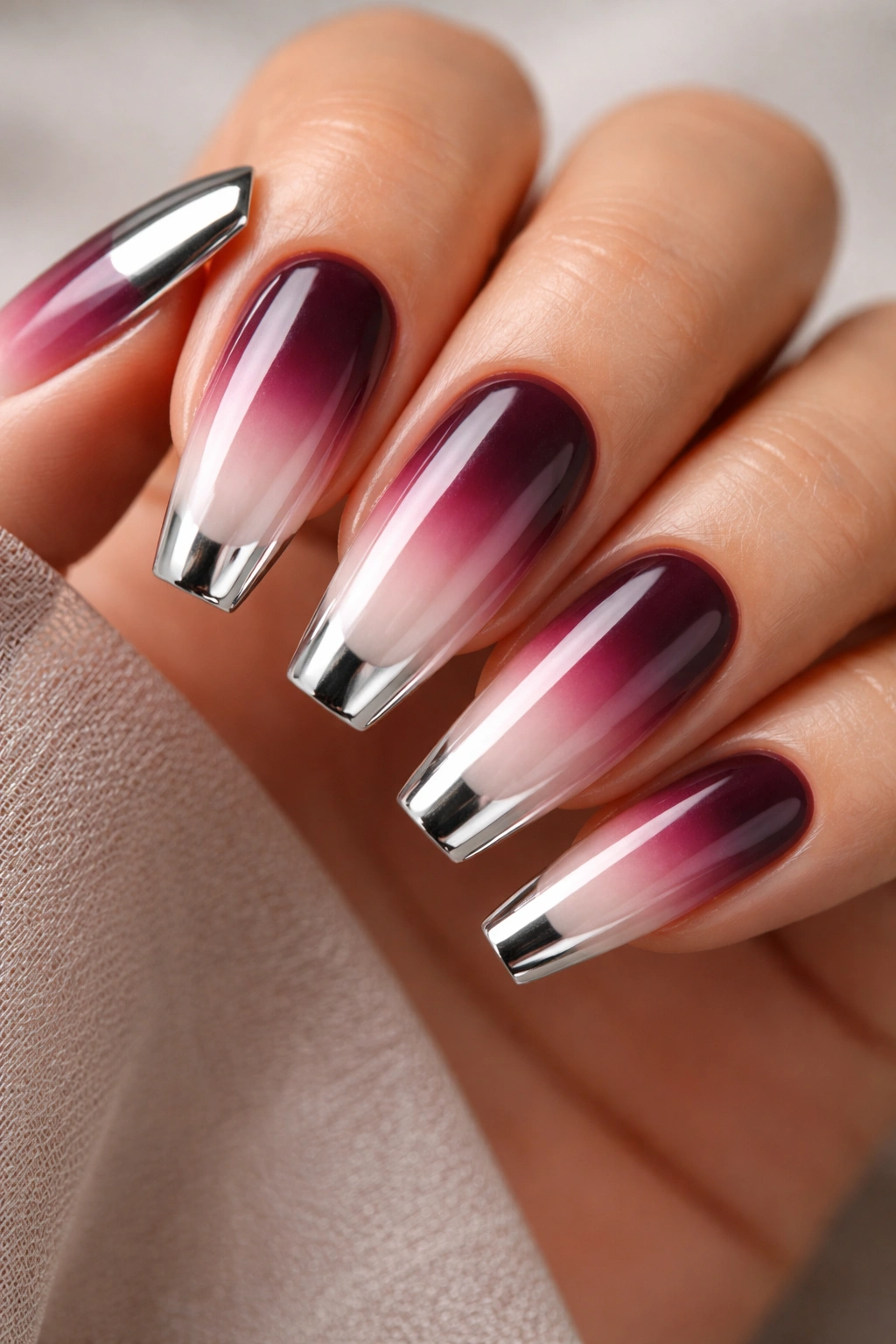 Curved coffin nails with reverse ombre and chrome tips