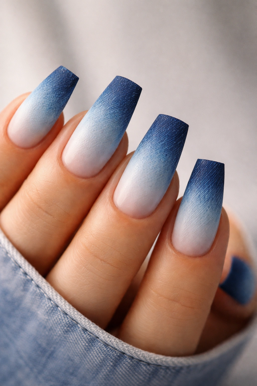 Duck nails with reverse ombre blue denim from base to tip