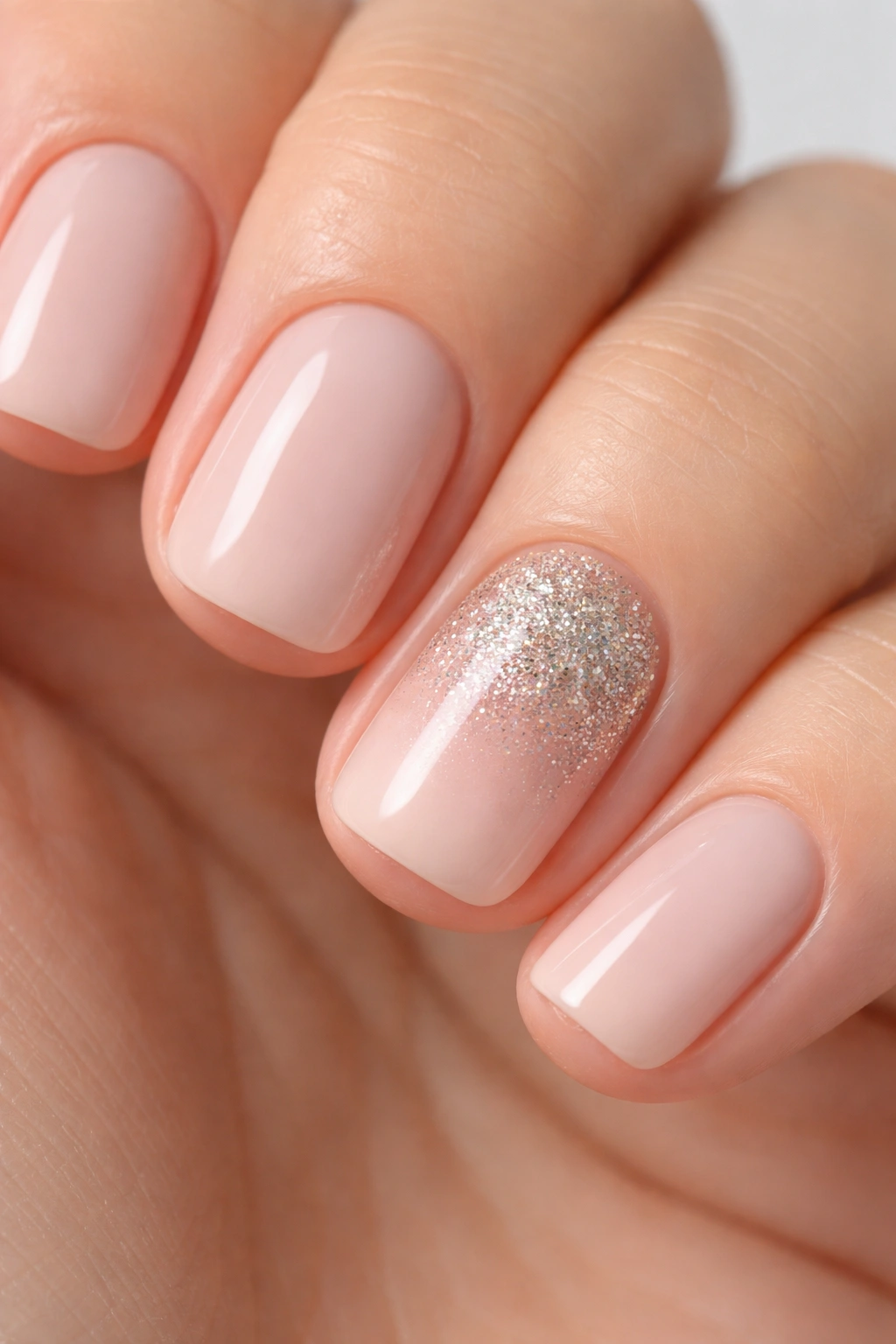 Close-up of accent nail with glitter concentrated at the base fading to nude toward tip