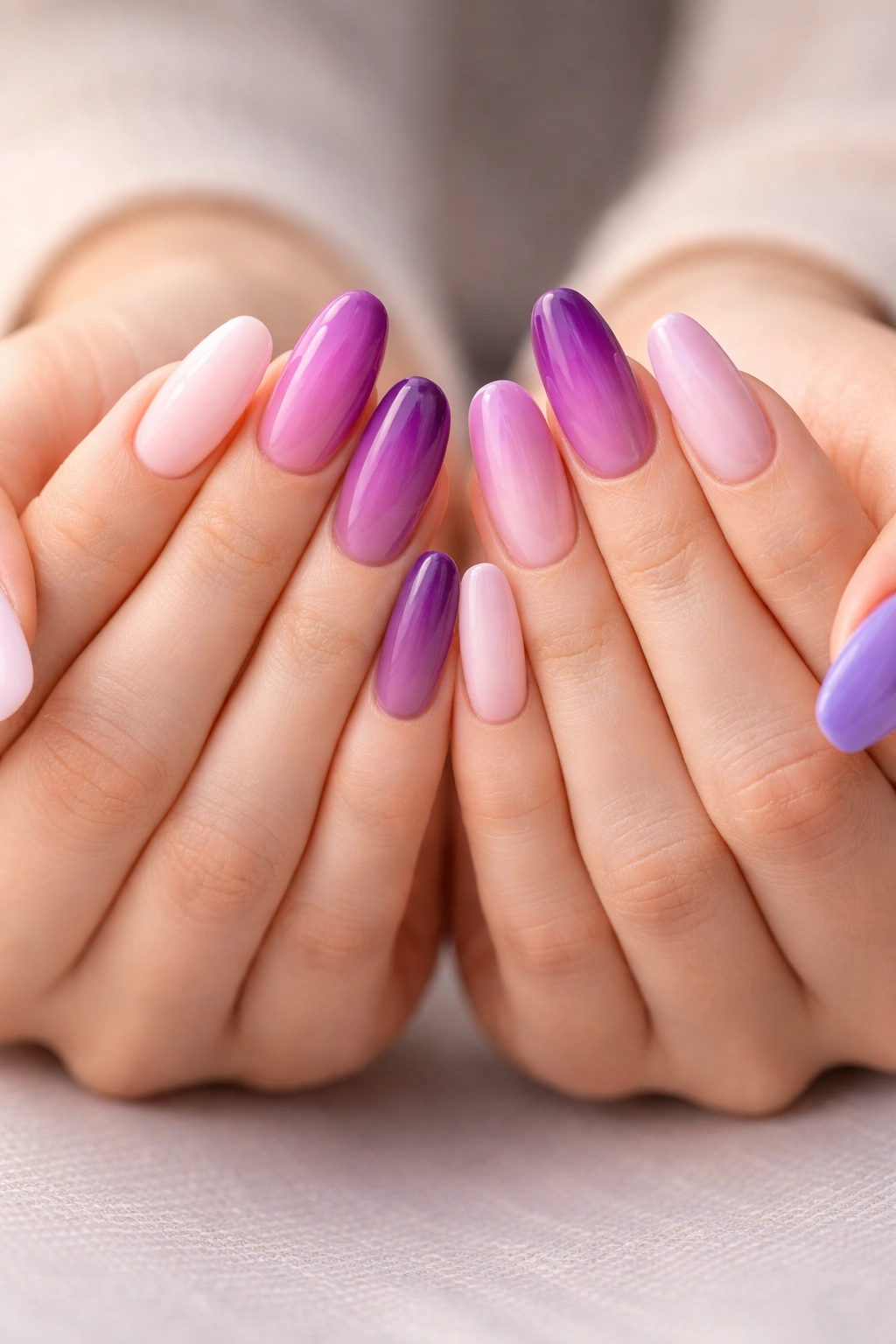 Close-up of reverse-ombre nails on two hands forming a continuous gradient
