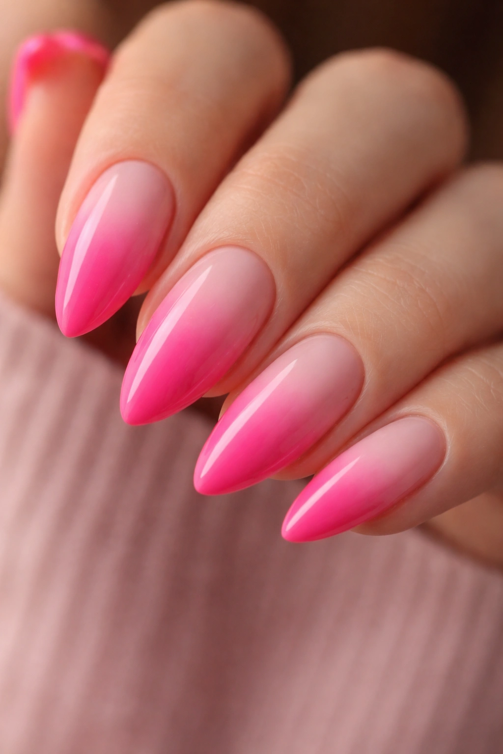 Reverse ombre almond nail hot pink to baby pink