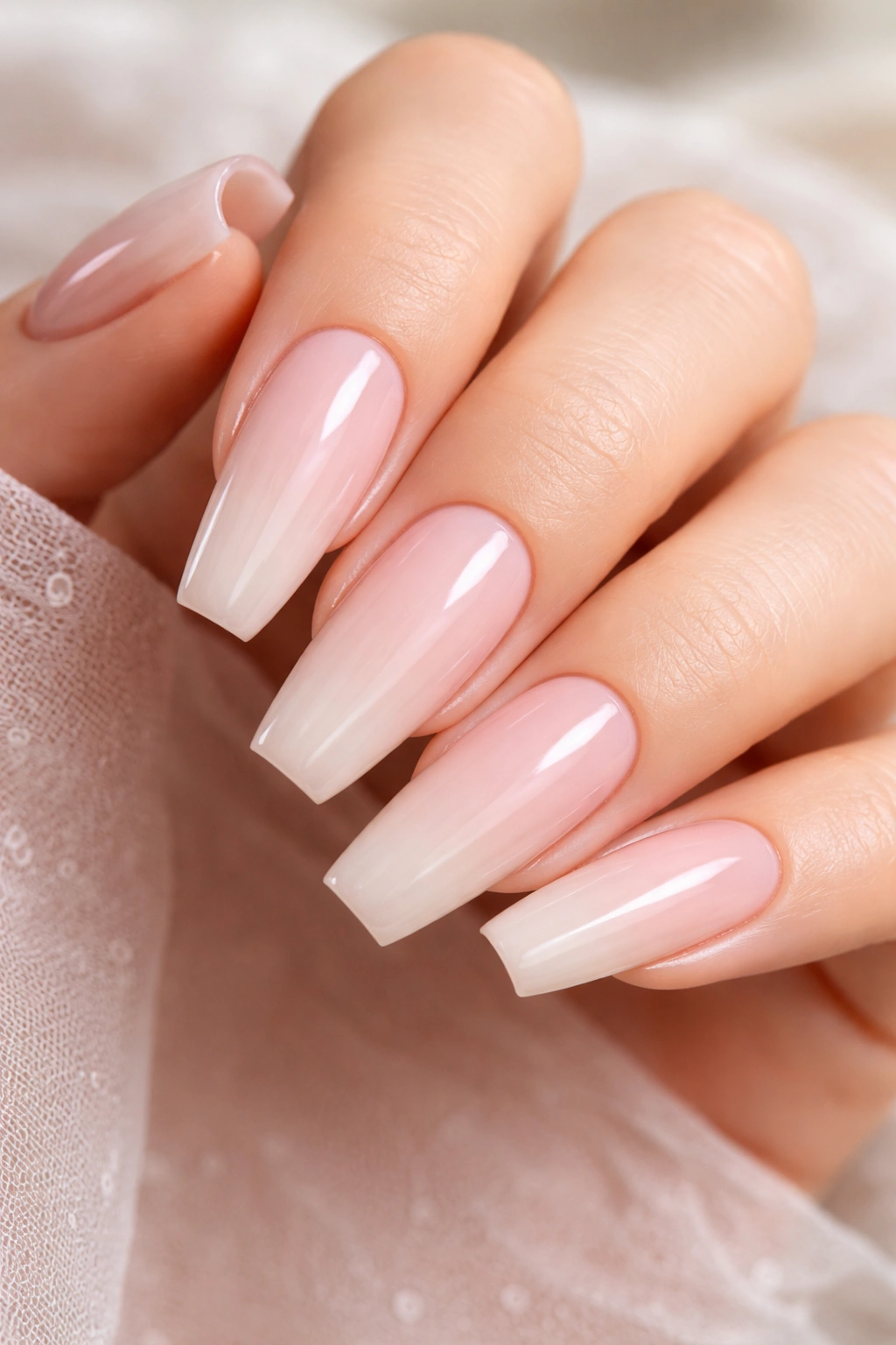 Coffin nails pink to nude reverse ombre on long nails