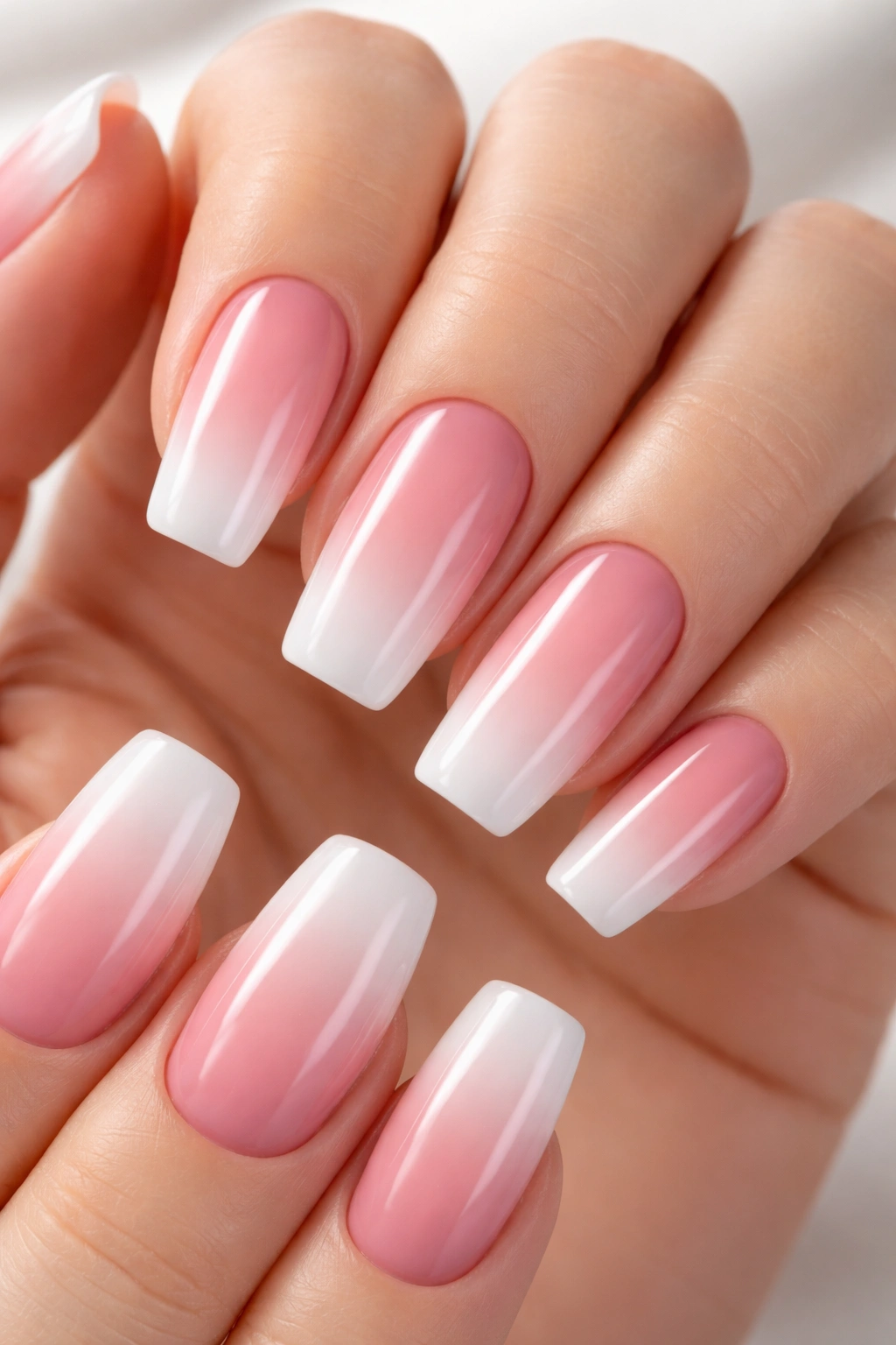 Nails with reverse ombre deep pink base and white tips