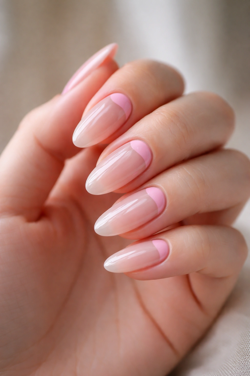 Almond nails with a pink crescent near the cuticle.