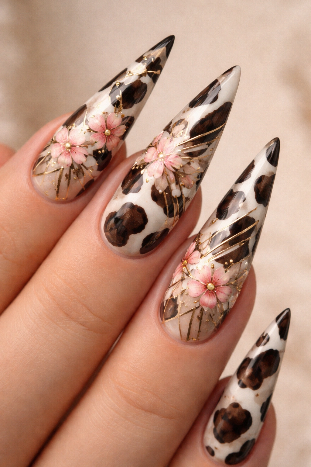 Close-up of reverse-stamped cow print nail art with floral overlays