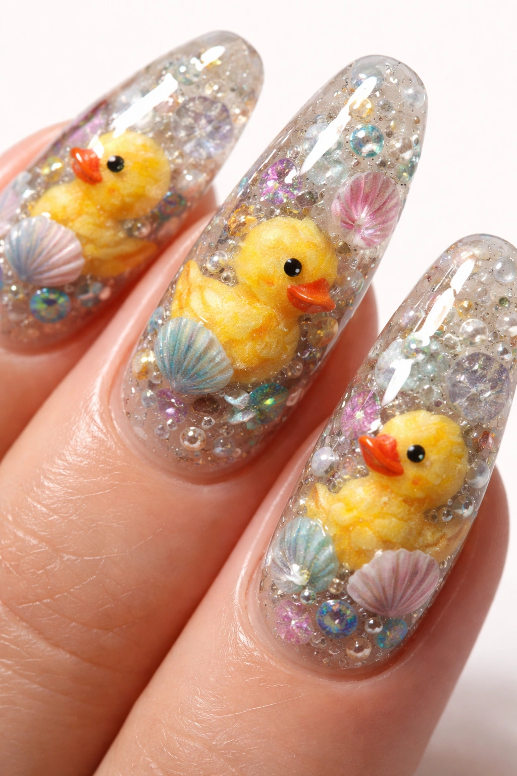 Nail with reverse-stamped image visible beneath dimensional topcoat