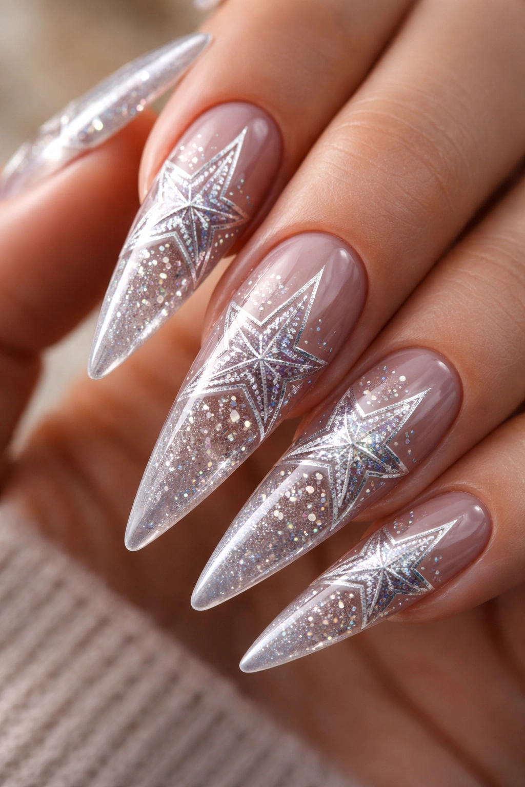 Close-up of a reverse-stamped star design on a long stiletto nail