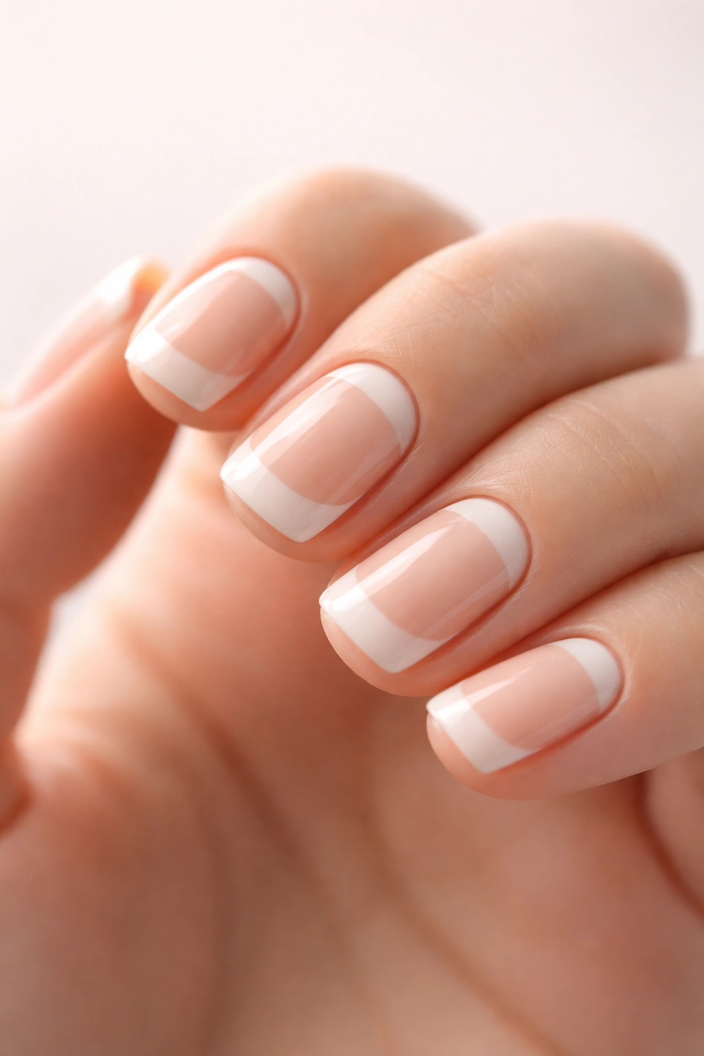 Close-up of a hand with short squoval reverse French nails on a neutral background