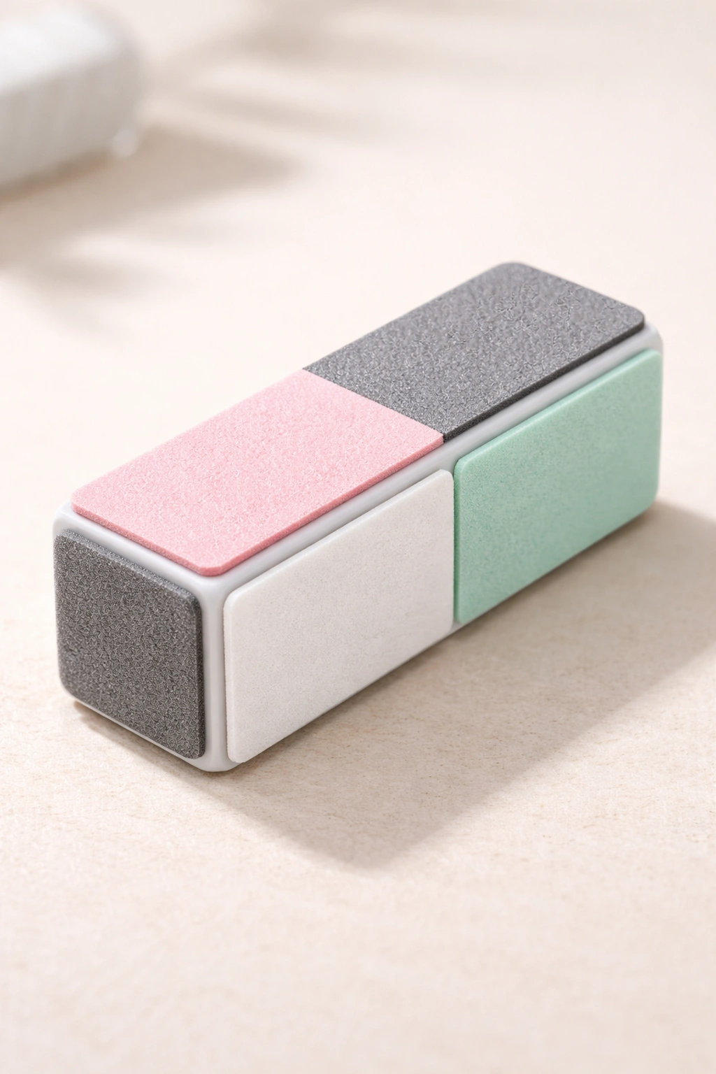 Close-up of a multi-surface nail buffer block with different grit sides