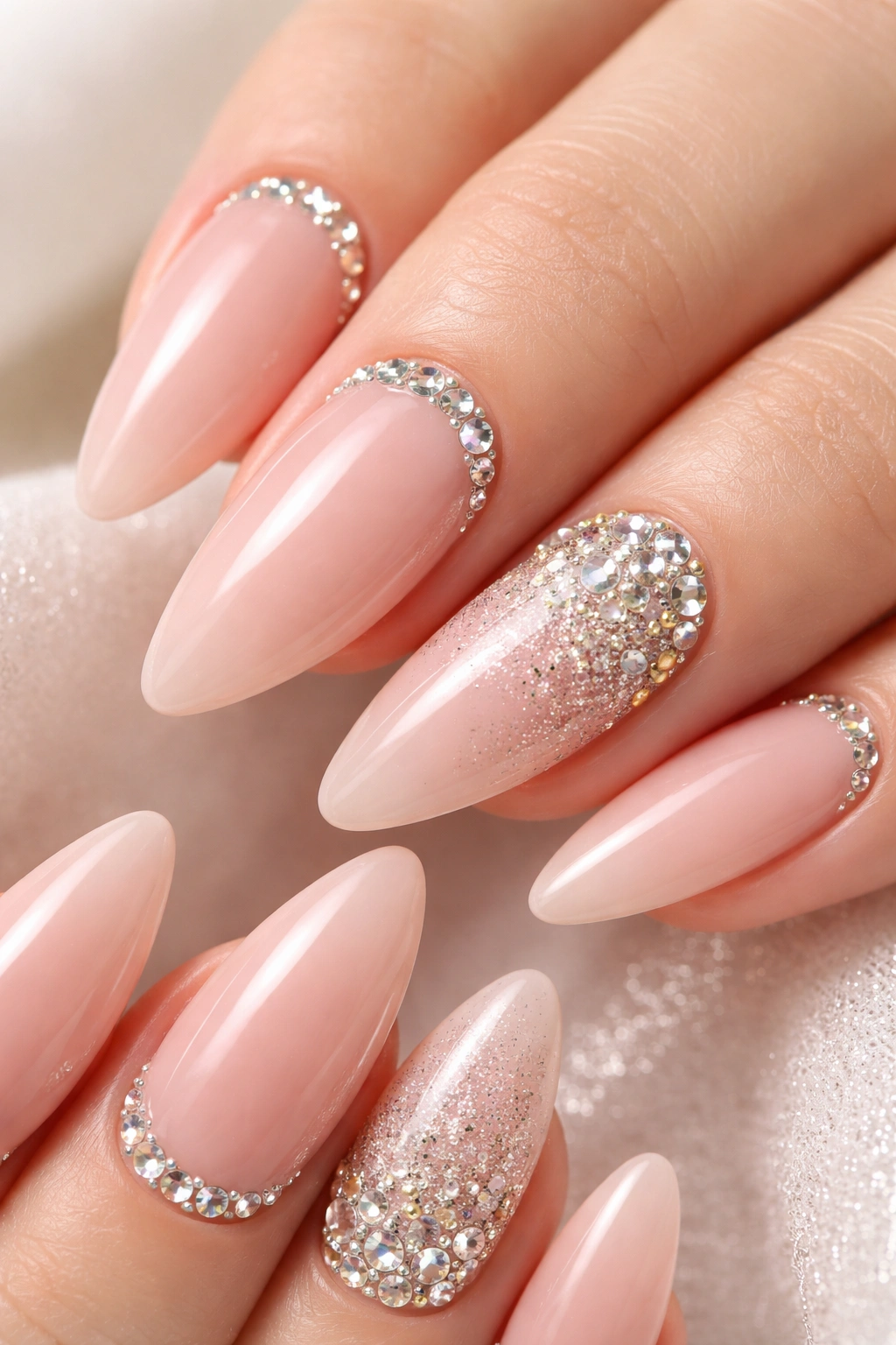 Rhinestone accent almond nails with crystals on almond nails close-up
