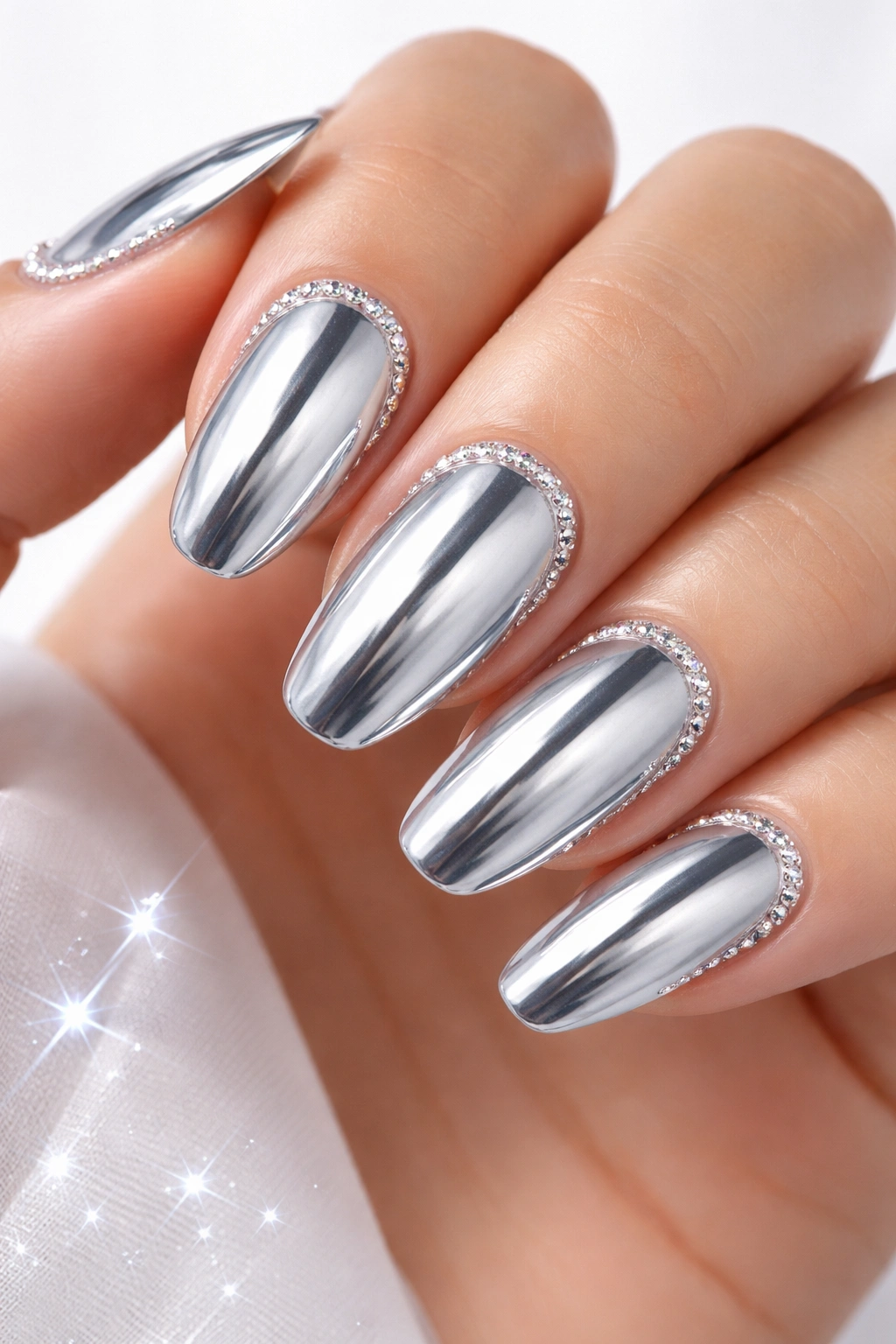 Nails with silver chrome base and rhinestone border along cuticle or edge