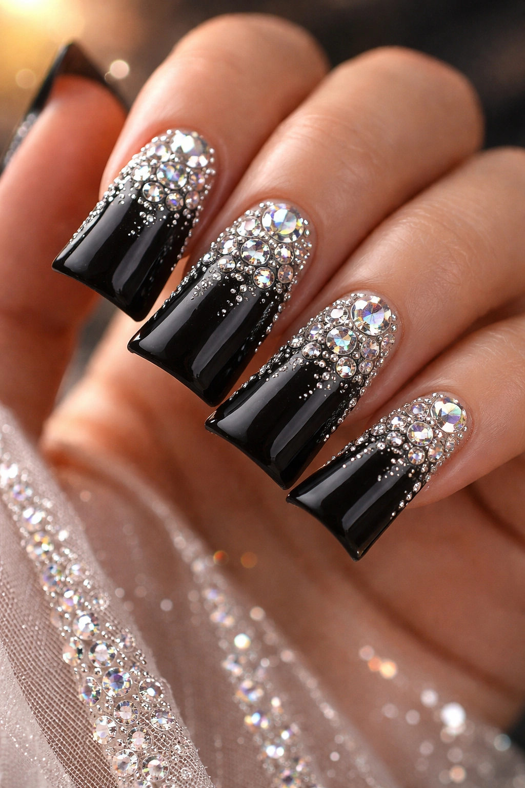Close-up of black duck nails with rhinestones cascading from base to tip