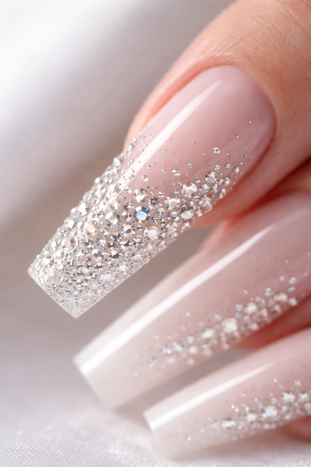 Coffin nail with rhinestones fading toward the cuticle
