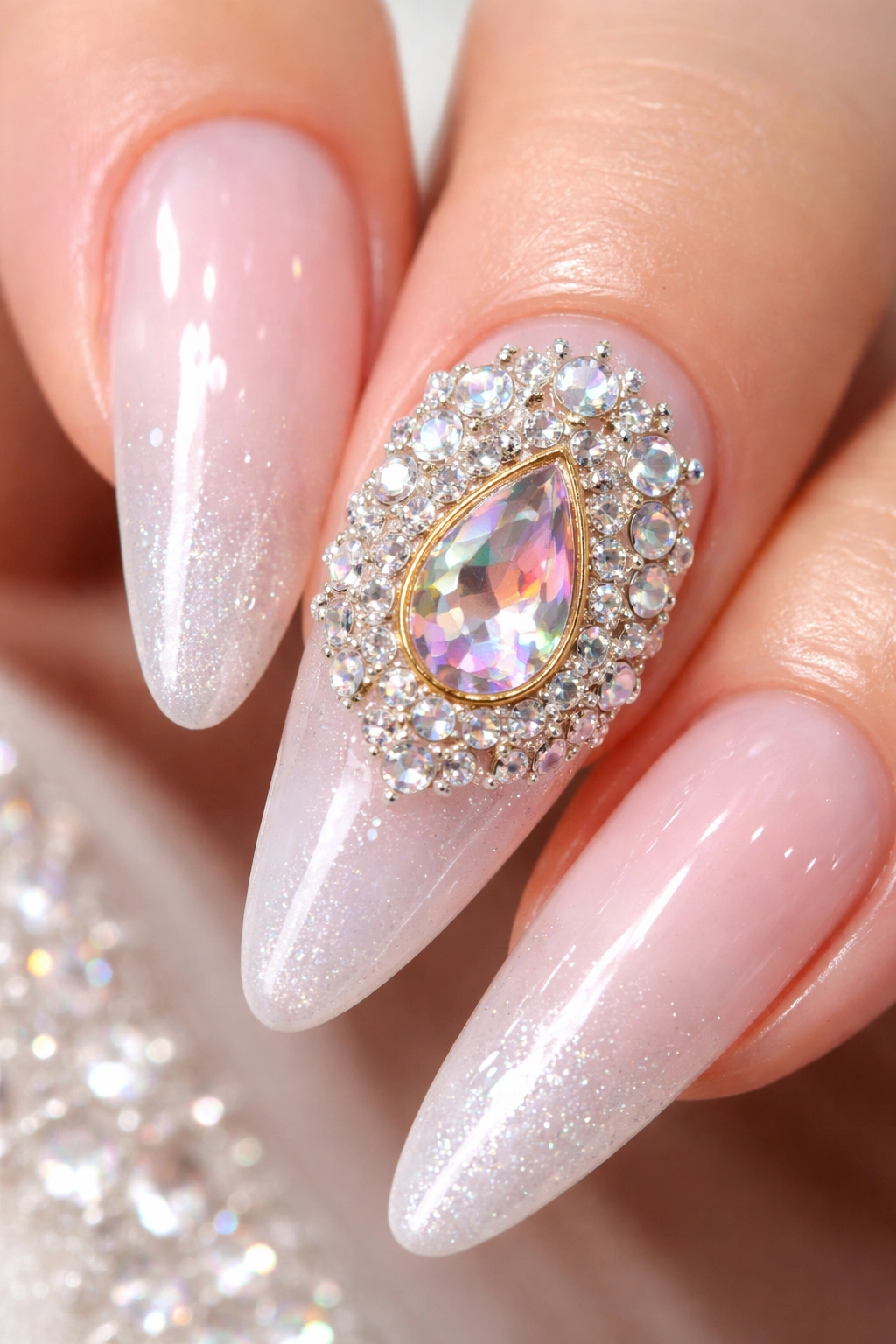 Nail with rhinestone framed charm centerpiece