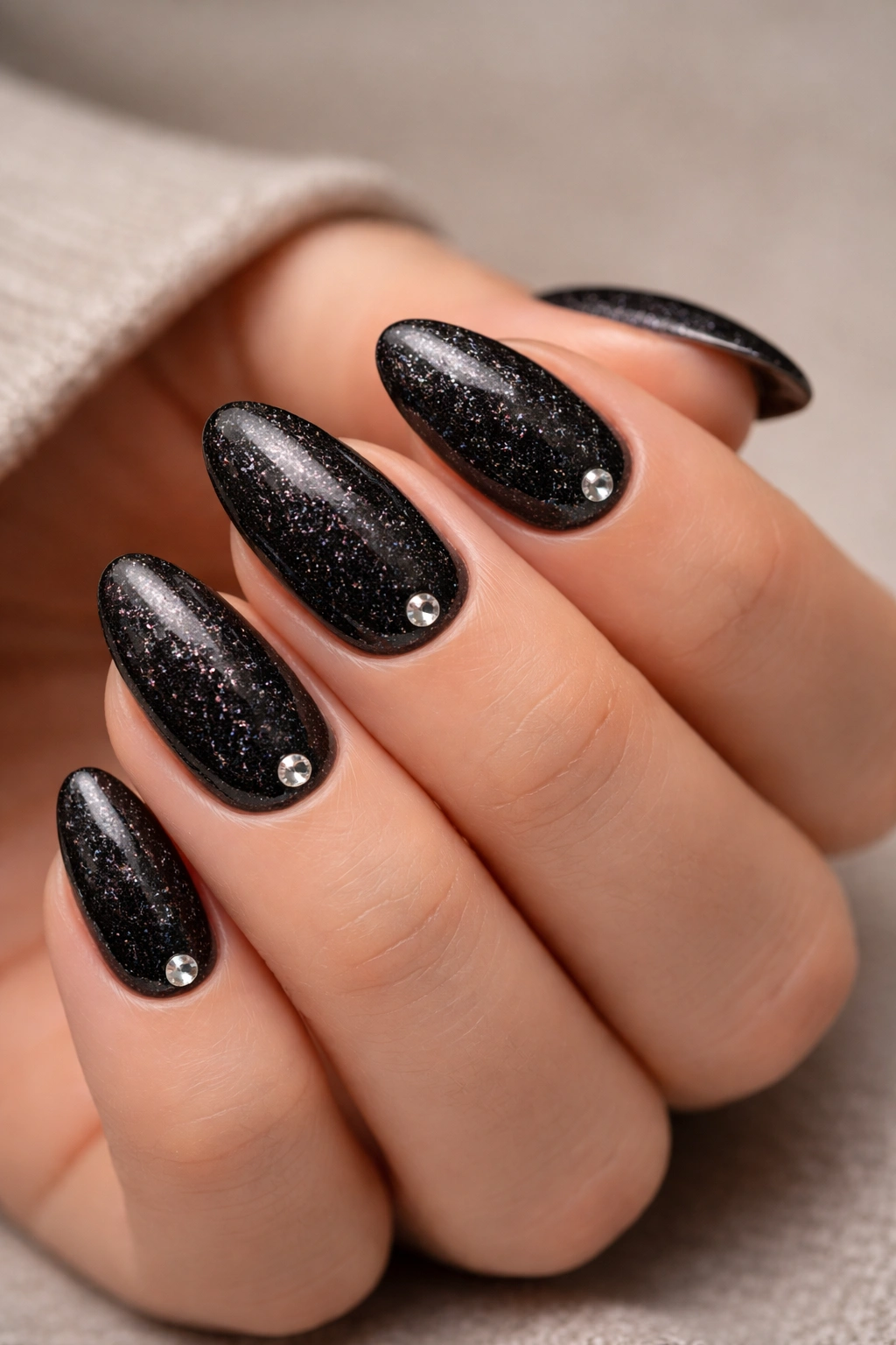 Short almond nails with black glitter and a single rhinestone