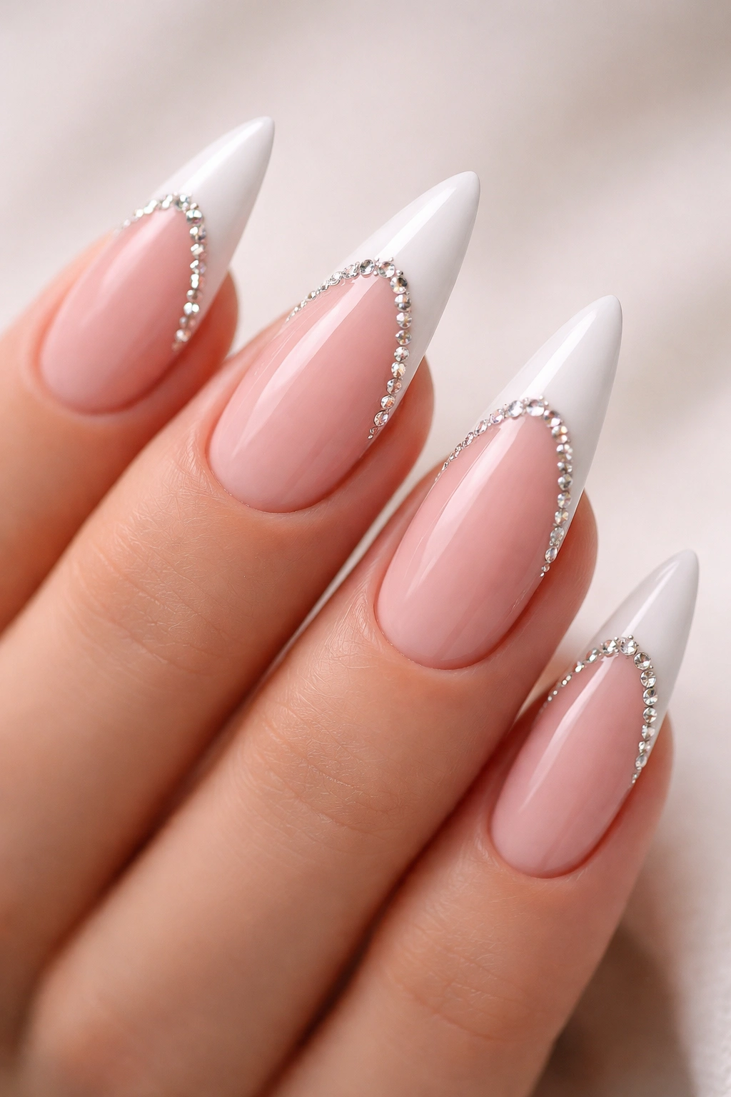 Close-up of a hand with rhinestone accented pink and white French tips