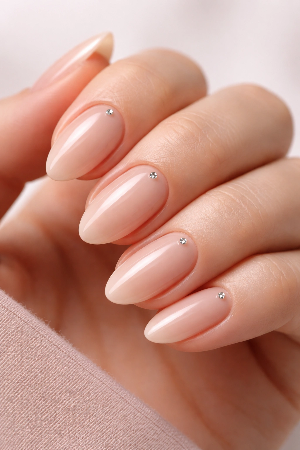 Close-up of short almond nails with a single rhinestone near the cuticle on a nude base