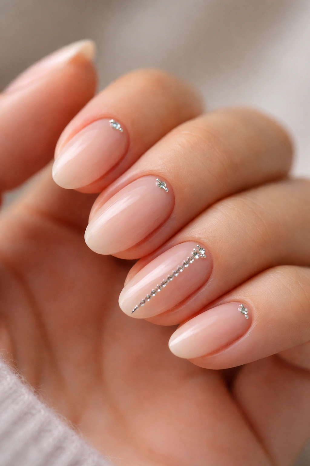 Close-up of short almond nails with tiny rhinestones for a clean manicure on a bare hand