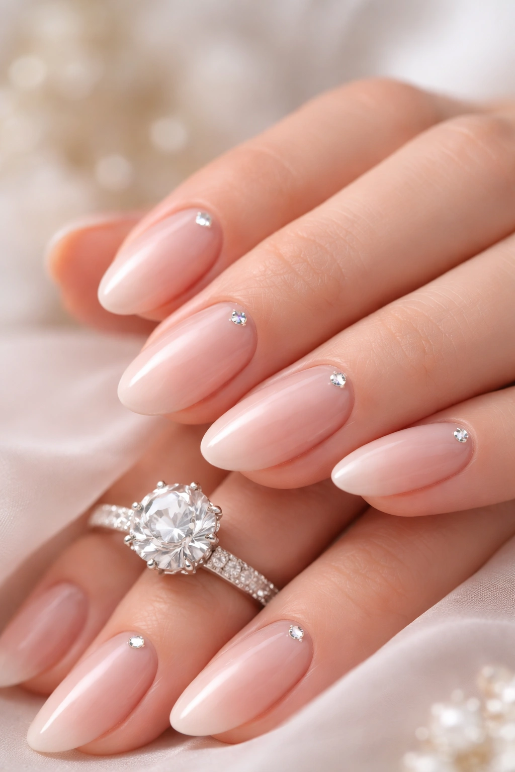 Nails with minimal rhinestones at the base for subtle sparkle